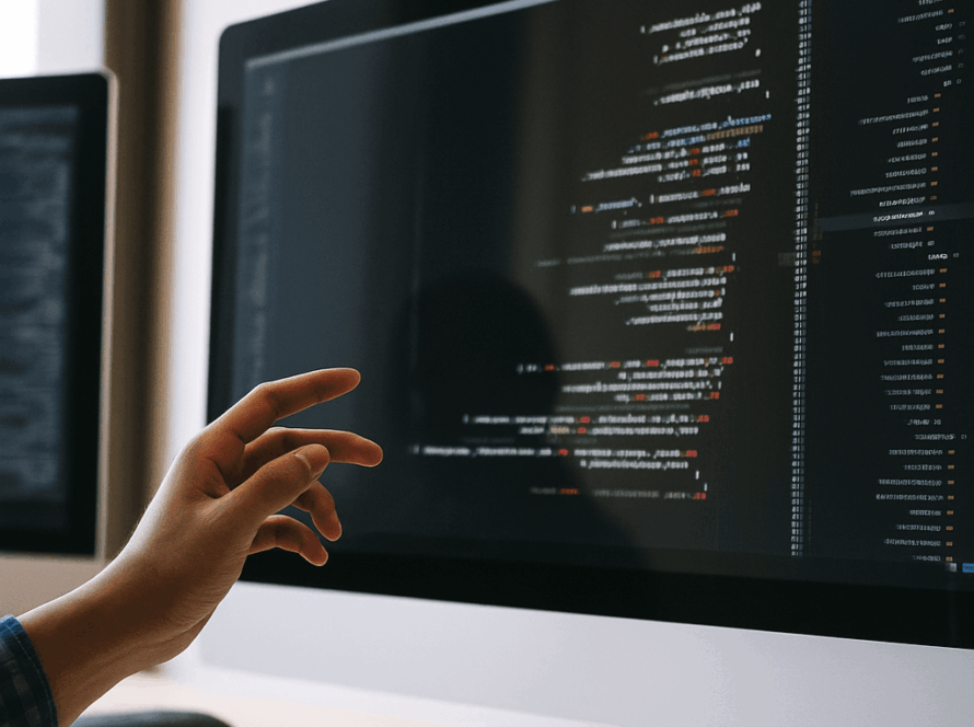 Mani di uno sviluppatore al lavoro su codice visualizzato su monitor, in un ambiente da ufficio moderno.